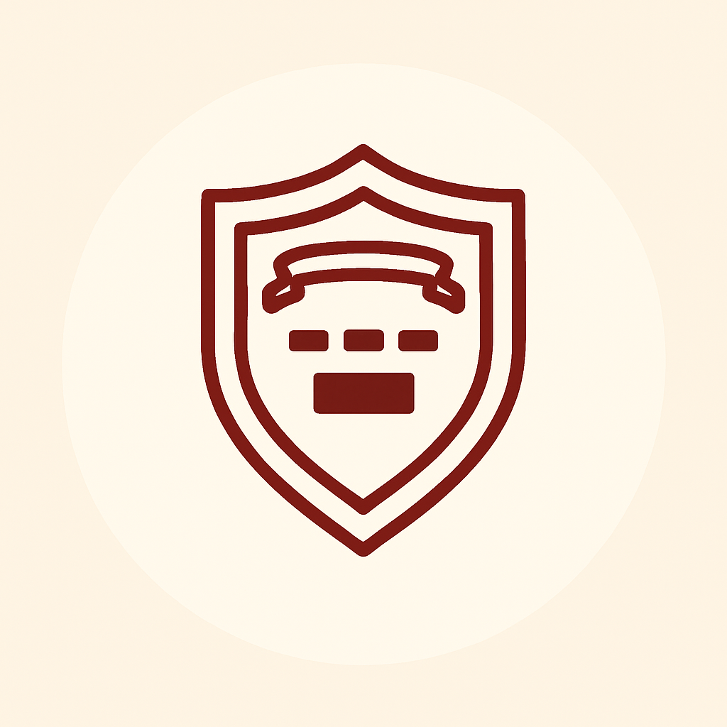 Minimalist line-style illustration of a shield plaque icon in garnet red, set on a soft cream circular background. Designed to match Sole to Sole’s branding, this icon represents shield or plaque engraving services on the website.