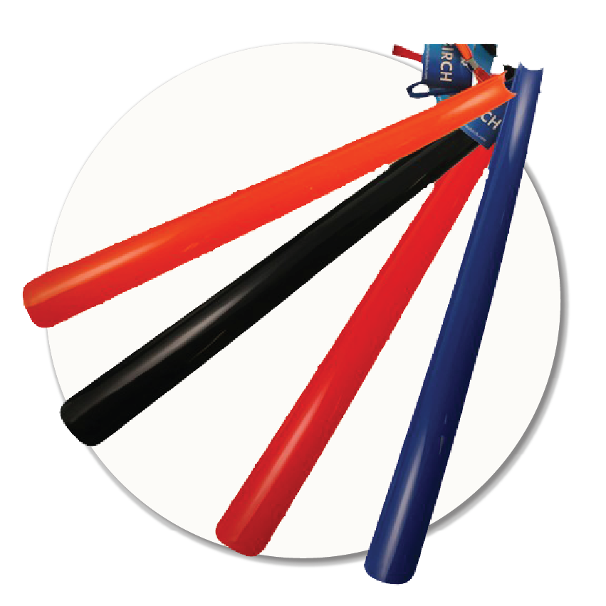 Selection of long plastic shoe horns in several colours, shown as part of the footwear accessories available at Sole to Sole.