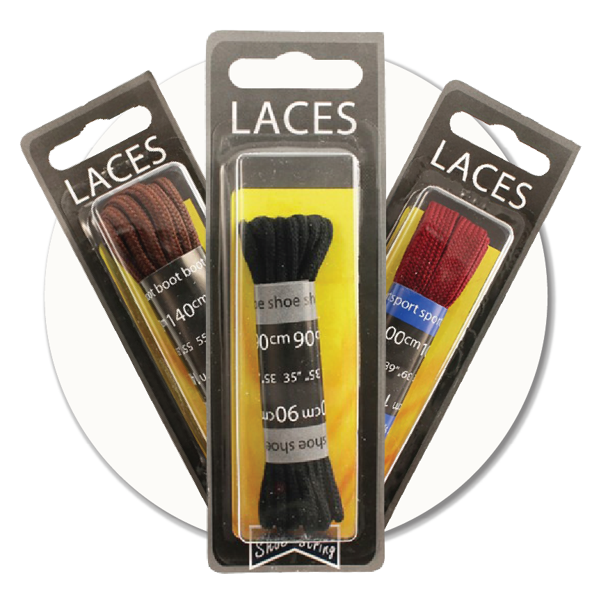 Selection of packaged shoelaces in different colours and lengths, displayed as part of the shoe care products available at Sole to Sole.