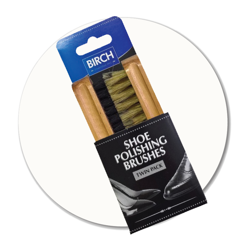 Twin-pack shoe polishing brushes with wooden handles and mixed bristles in retail packaging, available at Sole to Sole.