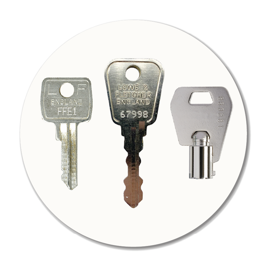 Image showing a cashbox key, a double-sided locker key and a tubular bike lock key representing specialist key cutting for lockers, cabinets, bike locks and security keys in Stockport.