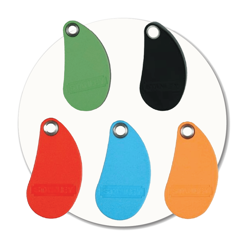 Collection of Stanley RFID key fobs in multiple colours (green, black, red, blue and orange) commonly used for flat and apartment entry systems — all copyable at Sole to Sole.