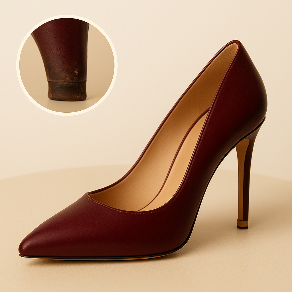 Illustrative image showing a garnet red stiletto heel on a cream background, with a close-up inset of a worn heel tip, representing professional stiletto heel repair services in Stockport.