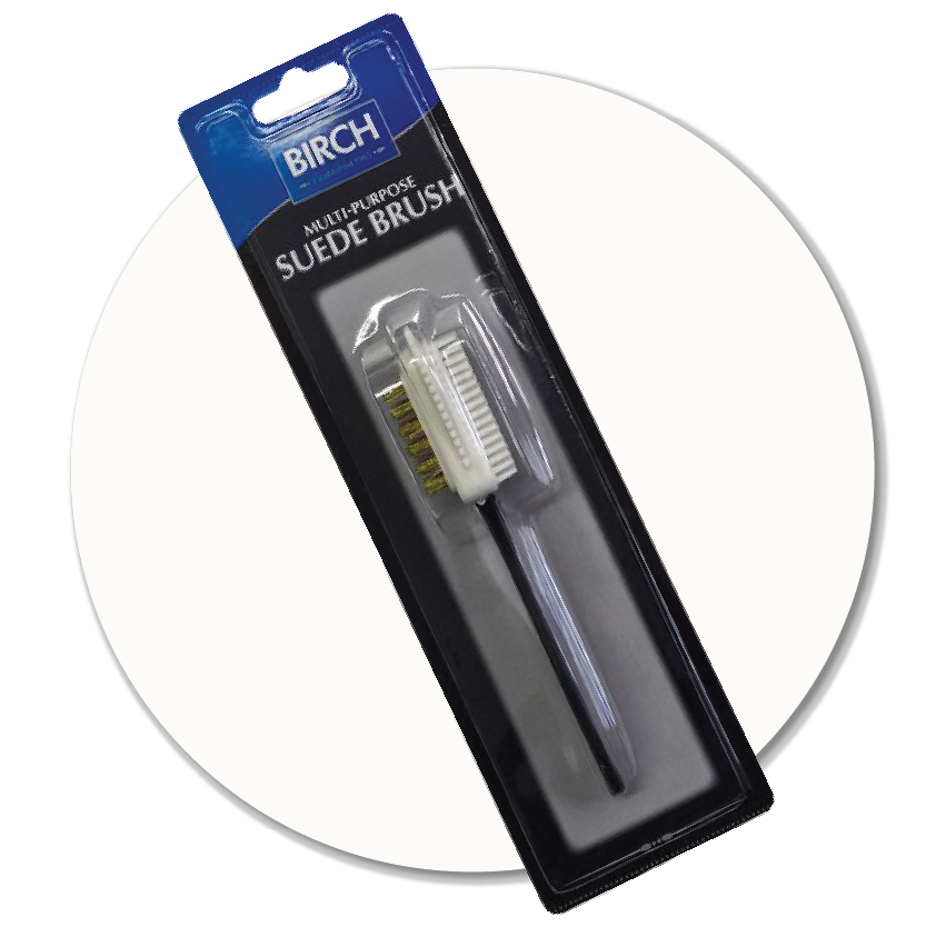 Multipurpose suede cleaning brush in retail packaging, available at Sole to Sole for suede and nubuck care.