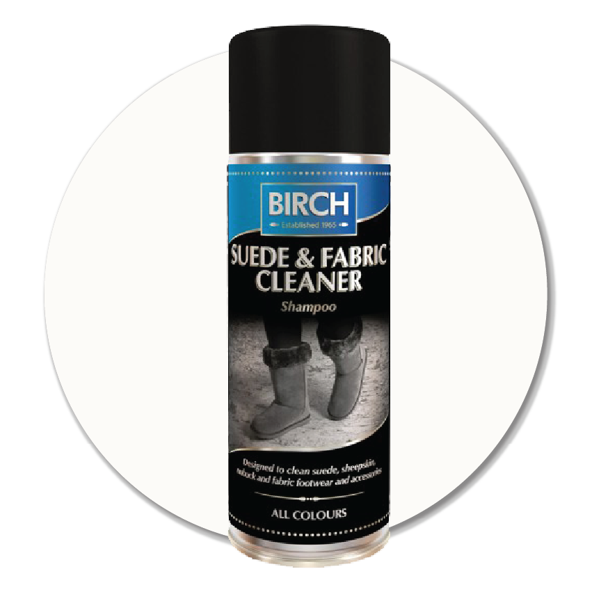 Product image showing a can of Suede & Fabric Cleaner, used for cleaning suede, nubuck, sheepskin, and fabric footwear. Shown as an example of the shoe care products stocked at Sole to Sole in Stockport.