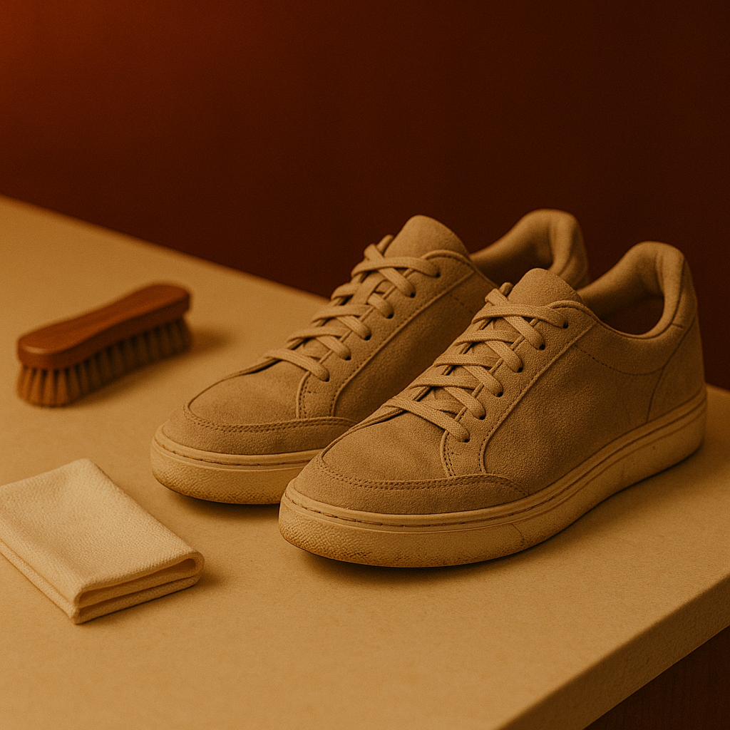 Photorealistic studio depiction of a pair of slightly worn cream trainers placed neatly on a cream counter with a cleaning brush and folded cloth nearby. Created to illustrate the “Before” stage of Sole to Sole’s Professional Trainer Deep Cleaning process, showing shoes ready for inspection and cleaning.