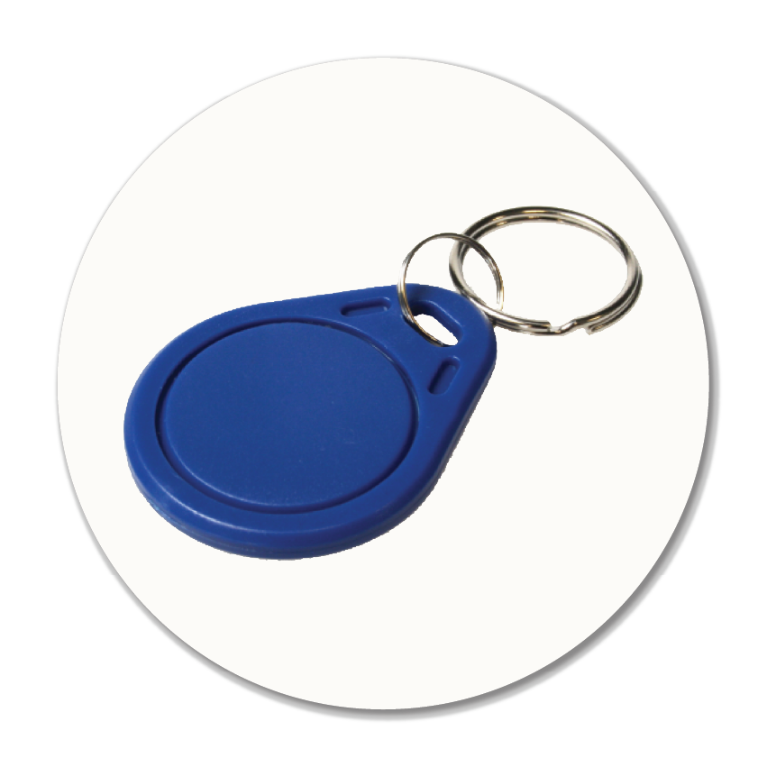 Blue unbranded MIFARE-compatible RFID key fob with metal keyring on a white circular background — Sole to Sole can duplicate MIFARE and many other unbranded fobs while you wait.