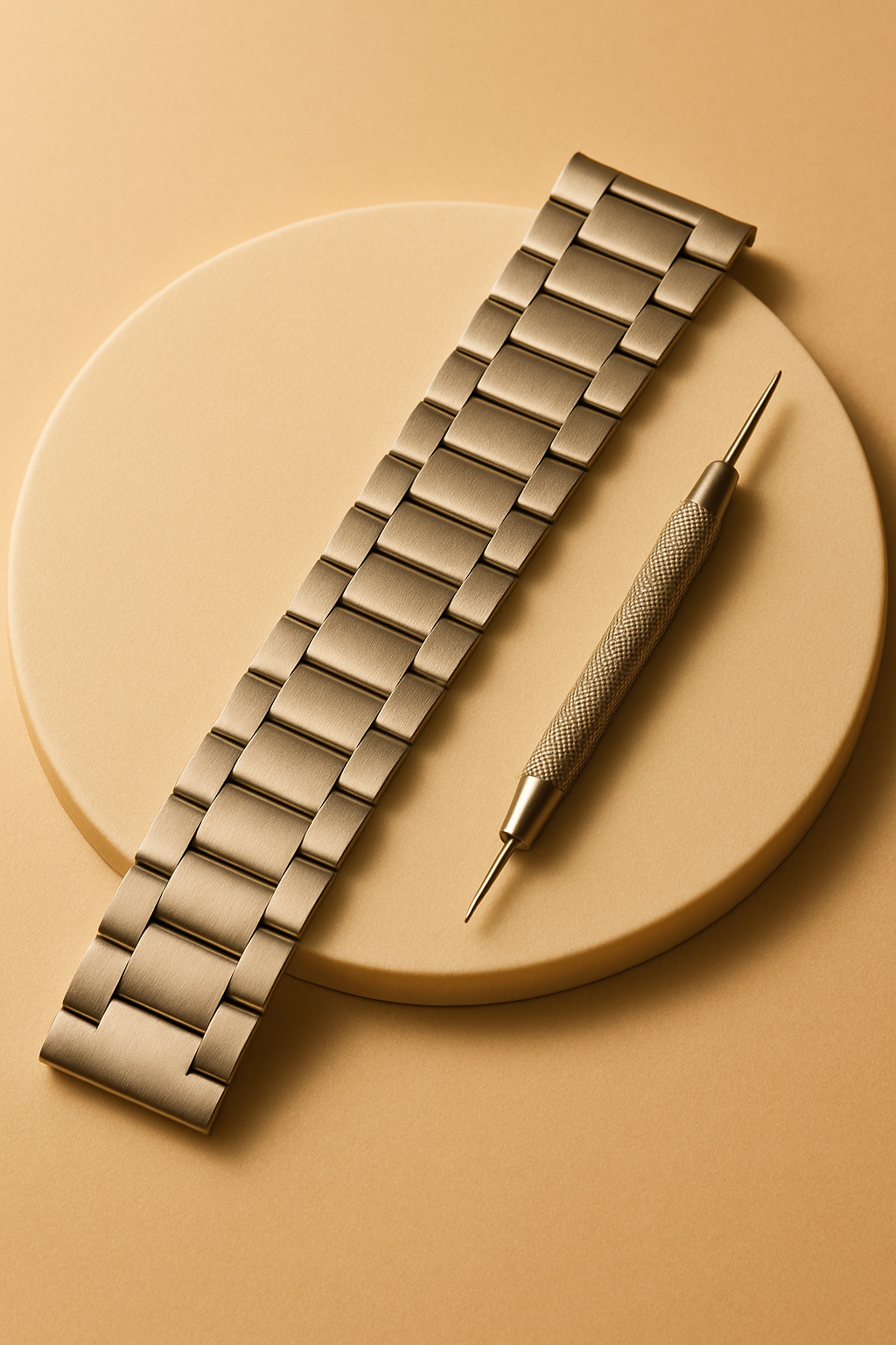 Studio-style illustrative image showing a metal watch bracelet beside a spring bar adjustment tool on a cream surface — representing Sole to Sole’s professional watch strap resizing and adjustment service, where links are added or removed for a perfect fit.
