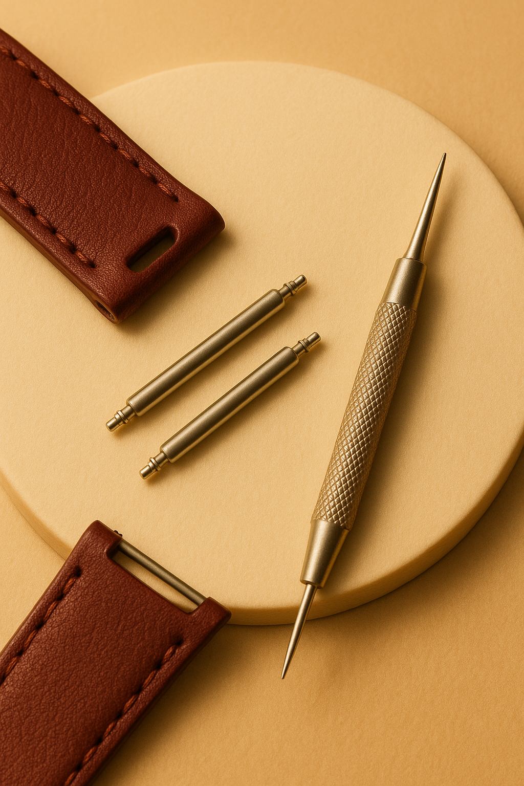 Studio-style illustrative image showing a brown leather watch strap with new spring bars and a fitting tool on a cream background — representing Sole to Sole’s professional watch strap pin replacement and secure refitting service.
