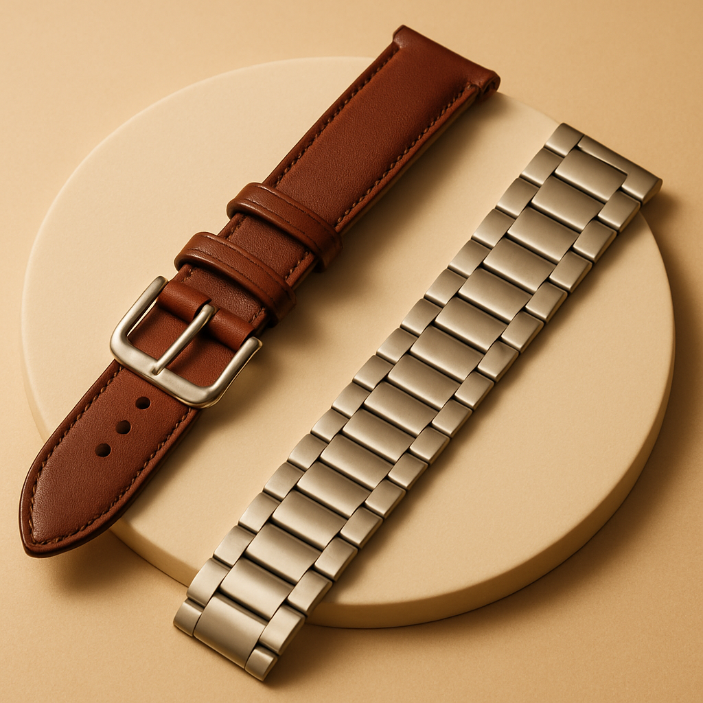 Studio-style illustrative image showing a brown leather watch strap and a silver metal bracelet displayed side by side on a cream background — representing Sole to Sole’s professional watch strap replacement and fitting service, with a focus on quality materials and precise fitting.