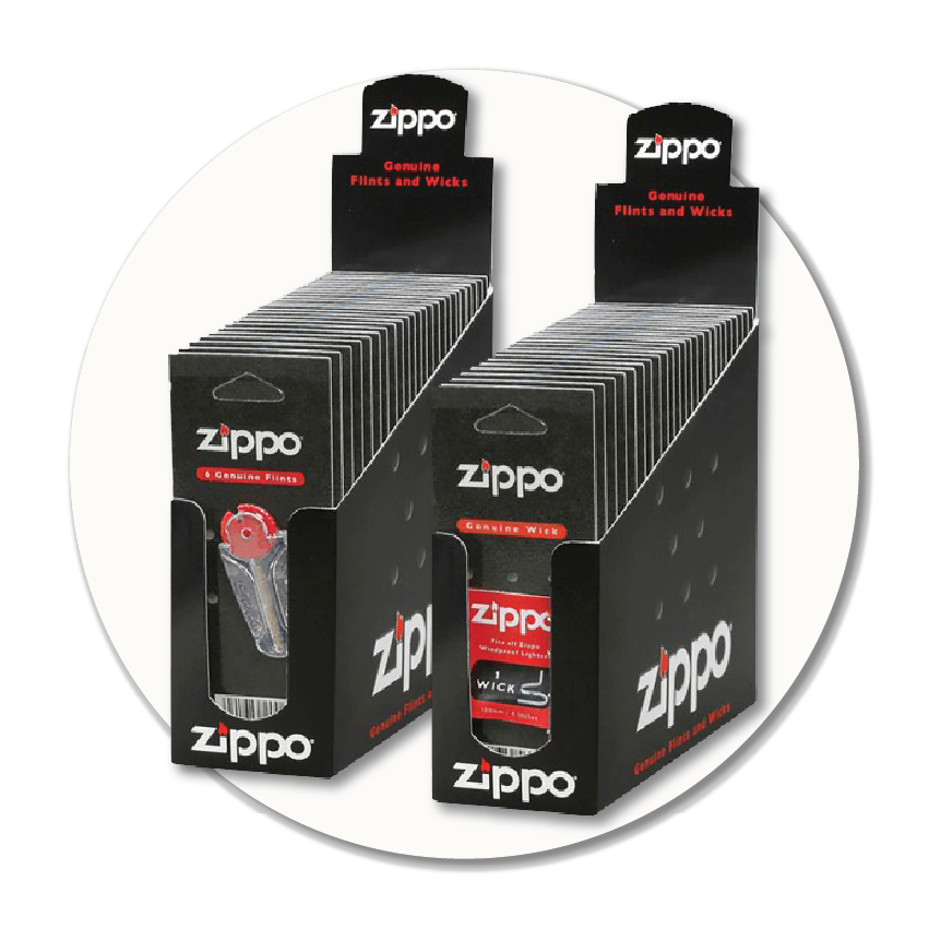 A display of genuine Zippo flints & wicks available at Sole to Sole, showing multiple packs arranged in retail stands.