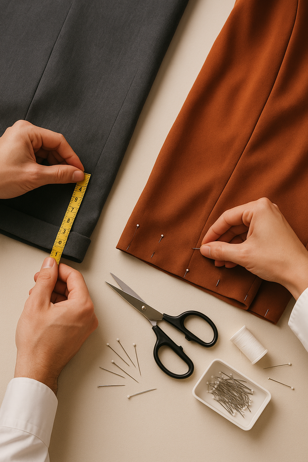 Illustrative image showing close-up garment alterations — trousers being measured and a dress pinned for hemming, surrounded by sewing tools. Represents expert clothing alterations, zip repairs, and re-stitching services.