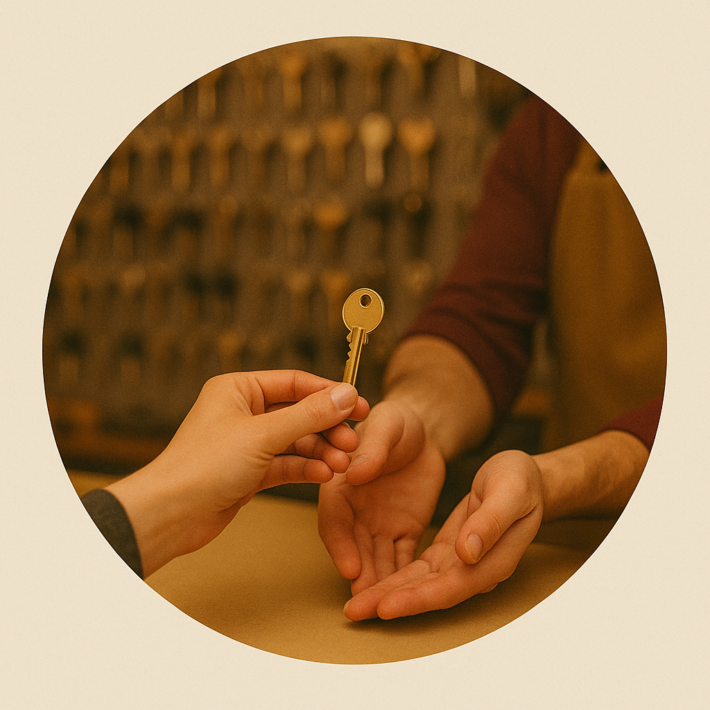 Illustrative image of a customer handing a key to a professional key cutter for copying, illustrating the first step of the key cutting process.