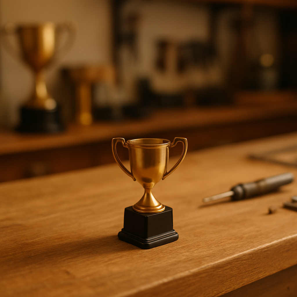 Photorealistic visual showing a slightly worn gold trophy placed on a wooden workshop counter with engraving tools blurred in the background. Crafted to illustrate the “Bring It In” stage of Sole to Sole’s Trophy Engraving service, representing a typical customer item ready to be personalised.