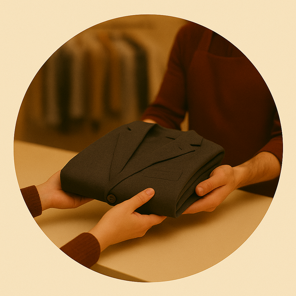 Illustrative image showing a customer handing a folded suit to a dry cleaning specialist, representing the first step of the process — bringing garments in for professional dry cleaning.