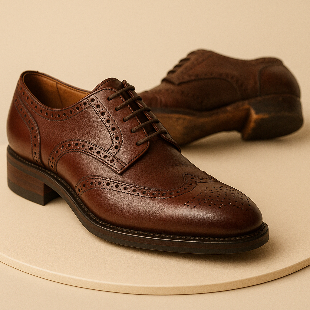 Illustrative image of a polished reddish-brown brogue shoe on a cream background, with a worn shoe in the background, representing professional sole and heel replacement services in Stockport.