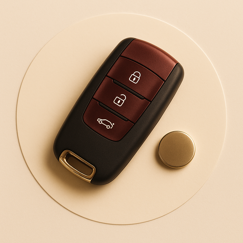Illustrative image showing a modern car key fob with a replacement battery beside it, representing quick car key battery replacement and testing services to ensure reliable performance.