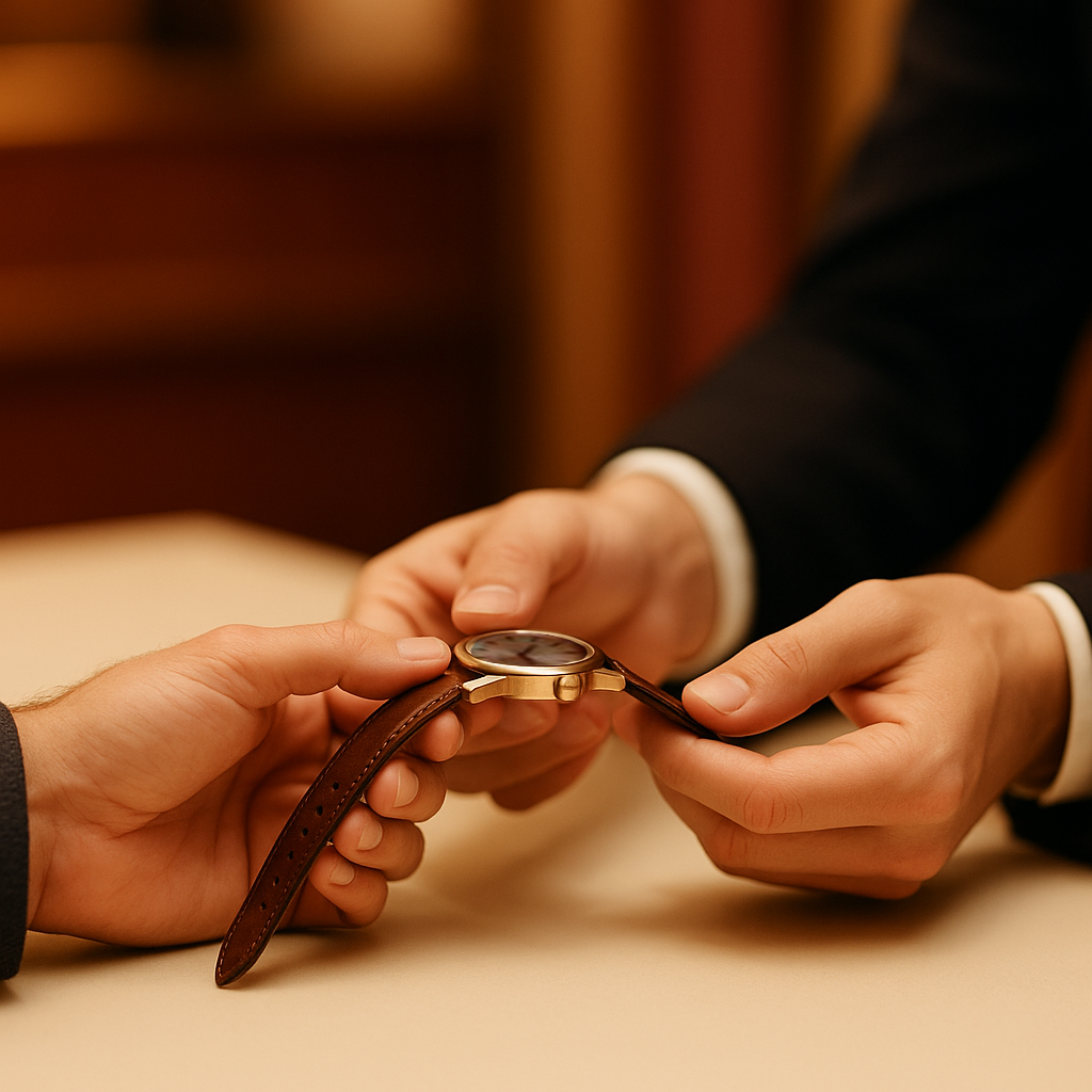 Illustrative image showing a customer handing a wristwatch across the counter to a technician, representing the first step — bringing your watch in for a professional battery replacement.