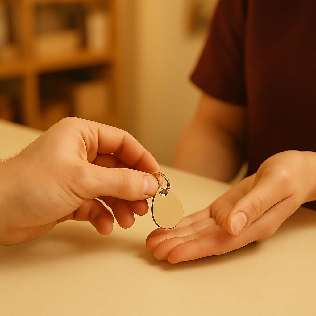 Close-up of a customer handing their RFID door fob to a shop assistant across a clean counter — representing the first step in Sole to Sole’s fob duplication process, where the original is brought in for testing and copying.