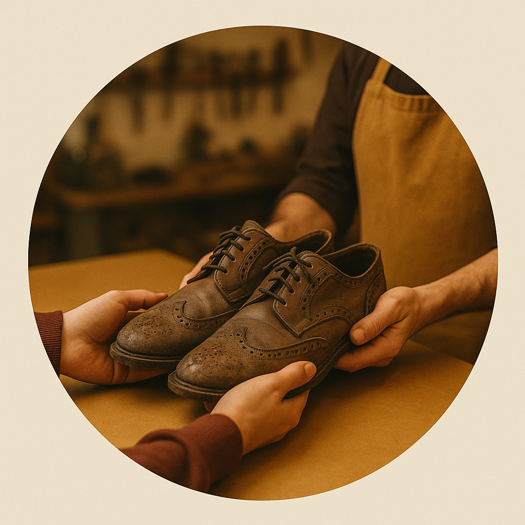 Illustrative image showing a customer handing over a pair of worn brown brogues to a cobbler, representing the first step of the shoe repair process — bringing your shoes in for assessment.