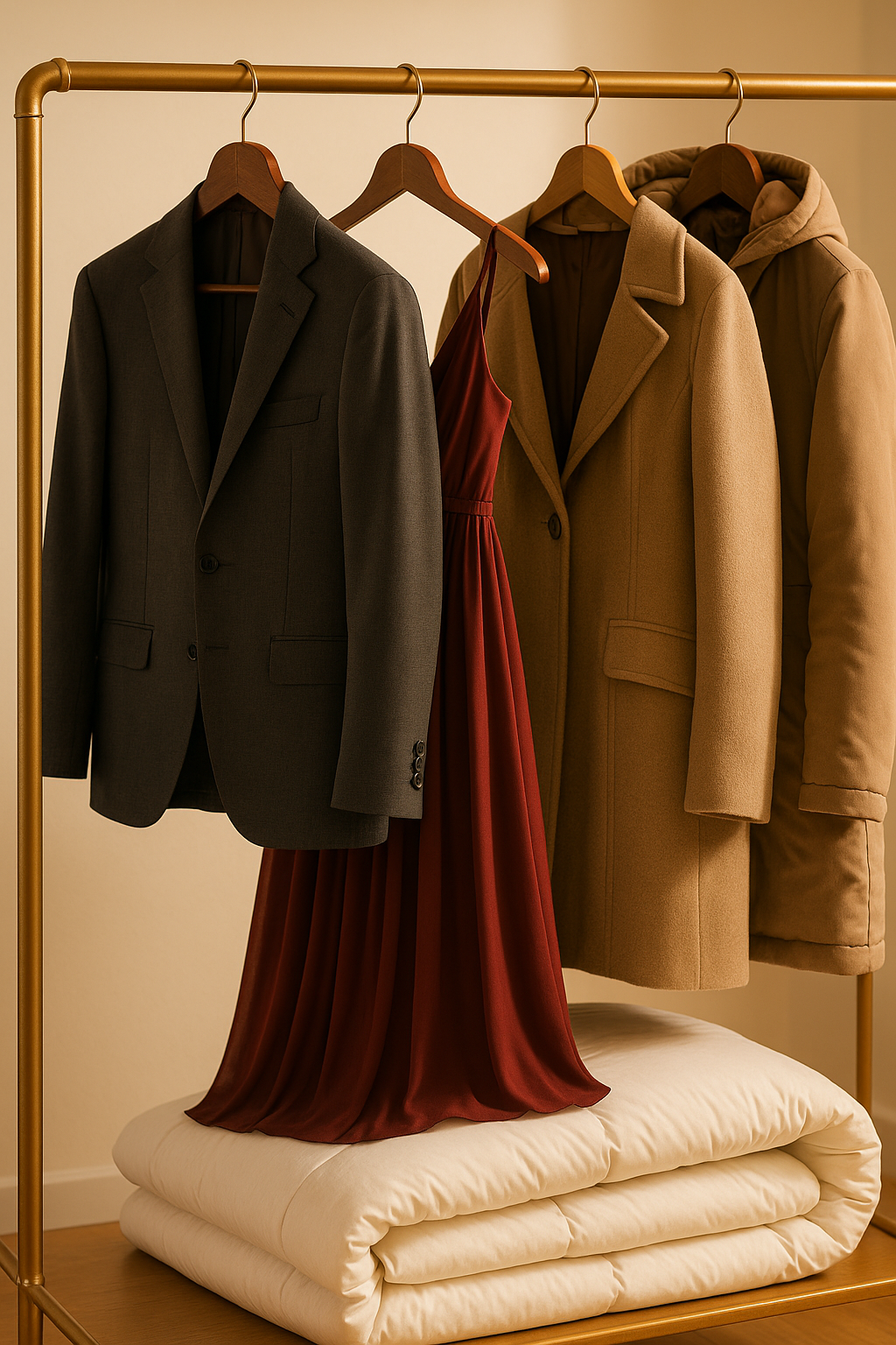 Illustrative image showing freshly cleaned garments on a gold clothes rail, including a suit, a red dress, a winter coat, and folded duvets — representing professional dry cleaning for suits, dresses, coats, and bedding.