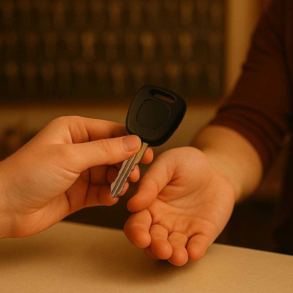 Illustrative image showing a customer handing a car key across a counter to a workshop technician, representing the first step — bring your key in to Sole to Sole for a quick inspection and immediate service.