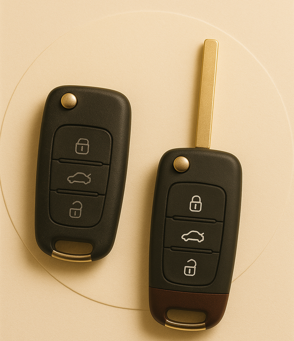 Illustrative image showing an old worn car key beside a freshly refurbished one, representing key case replacement, new blank cutting, and car key refurbishment services at Sole to Sole.
