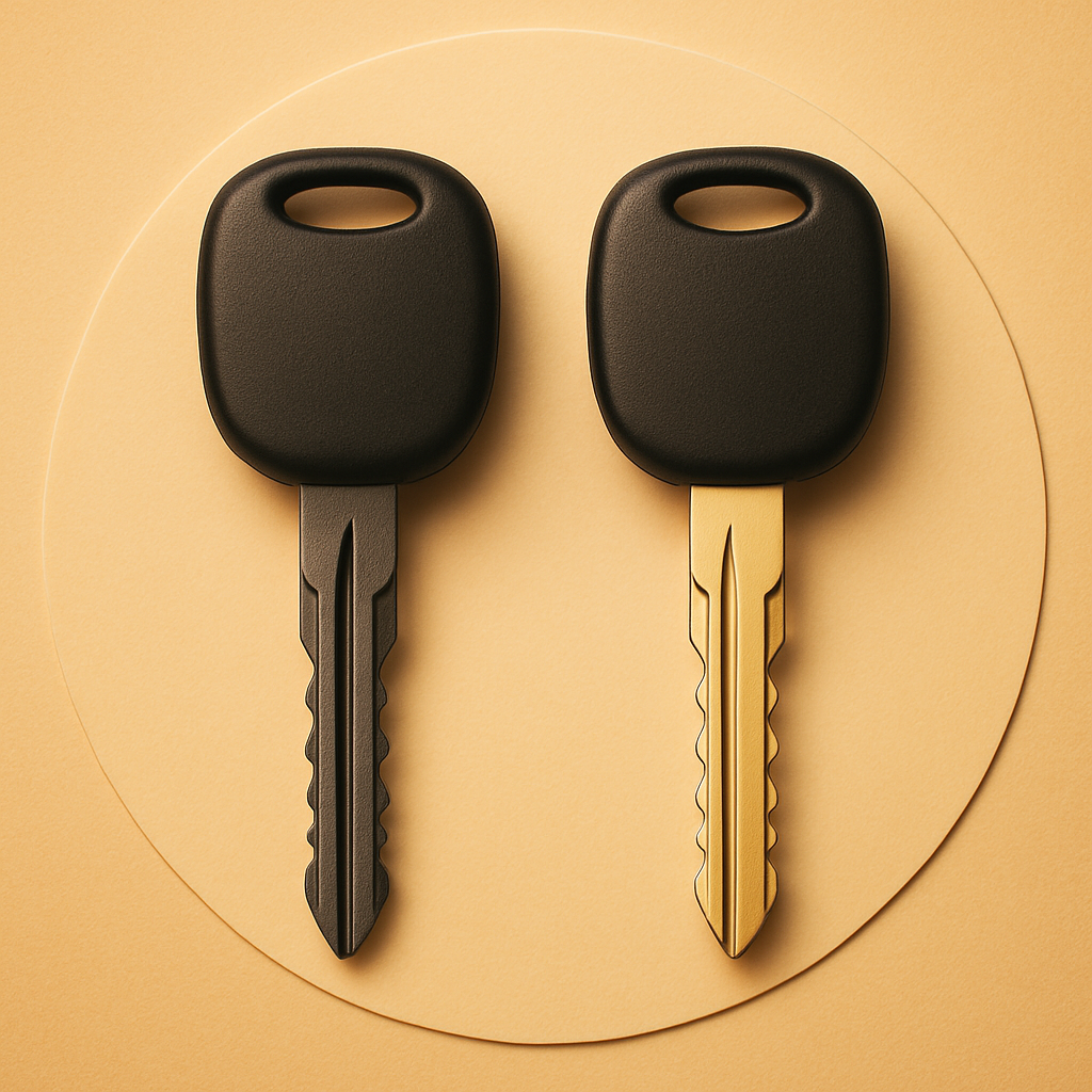 Illustrative image showing an old worn car key beside a newly cut one, representing on-site car key cutting and ignition chip programming services at Sole to Sole for most vehicle makes and models.