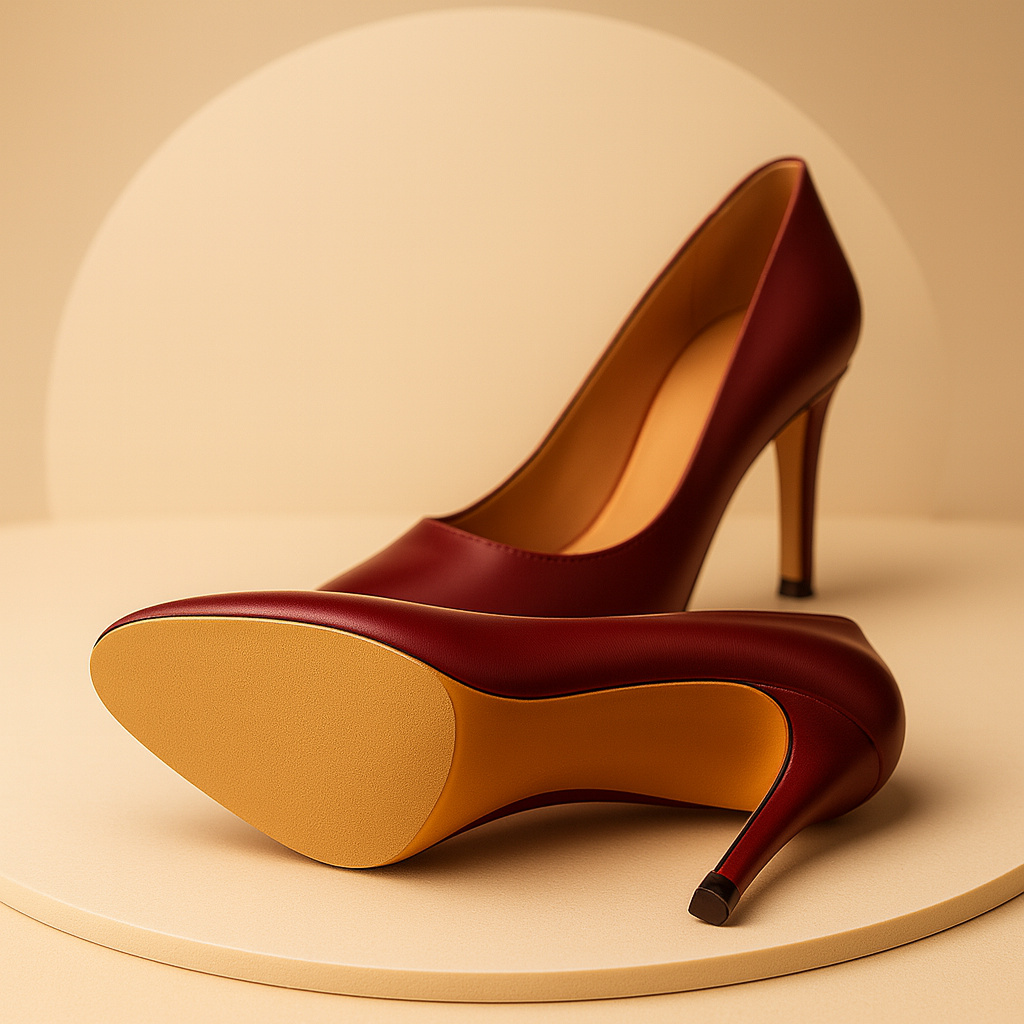 Illustrative image of garnet red stiletto heels on a cream background, one lying on its side to show a light rubber sole protector, representing professional toe piece and sole protection services in Stockport.