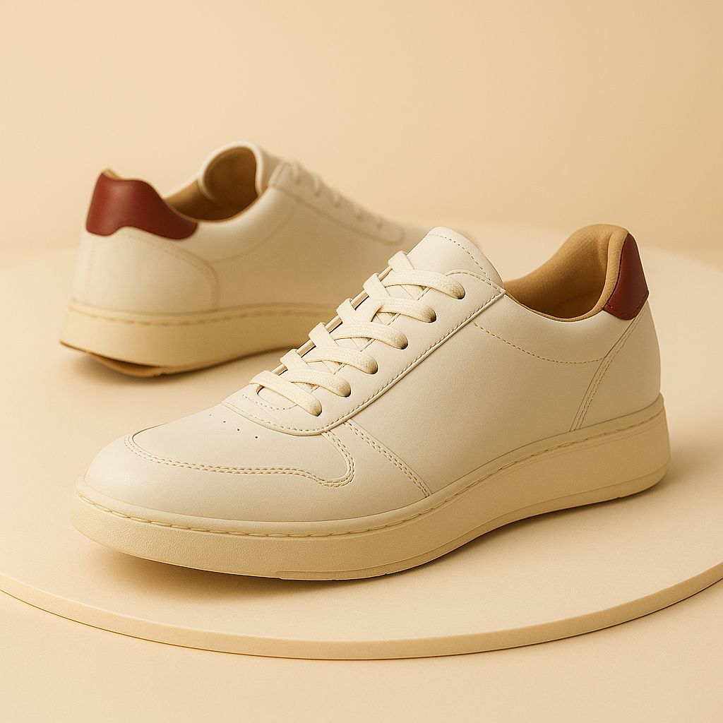 Illustrative image of a white trainer with a garnet heel detail on a cream background, showing one shoe with a loose heel to represent professional trainer repair services in Stockport.