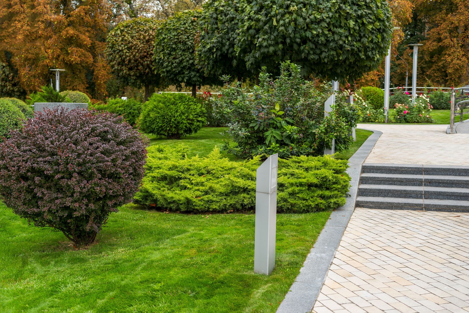 A lush green park with trees , bushes , and stairs.