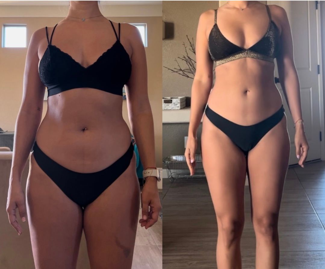 A woman in a bikini is shown before and after losing weight