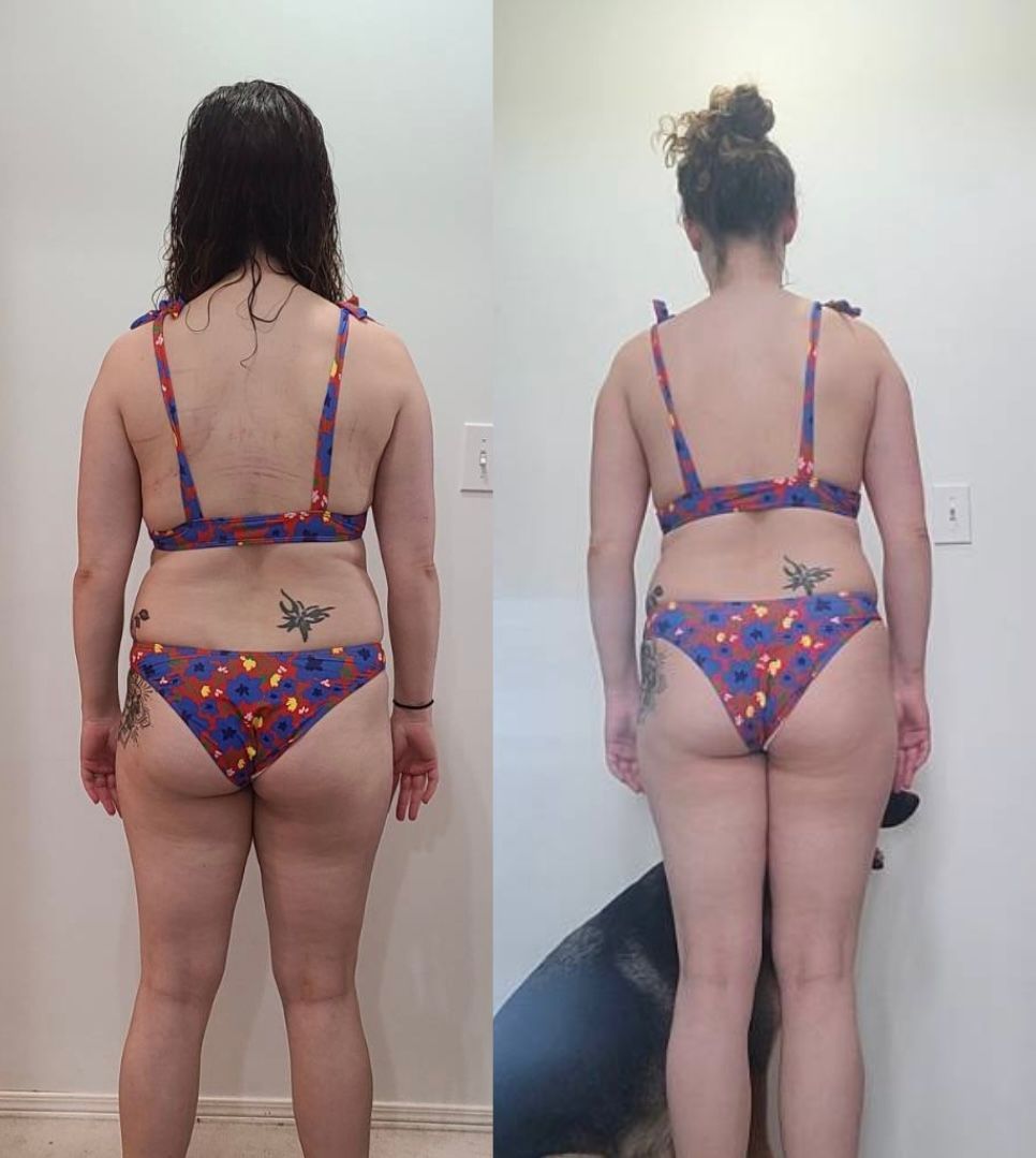 A woman in a bikini is standing in front of a white wall.