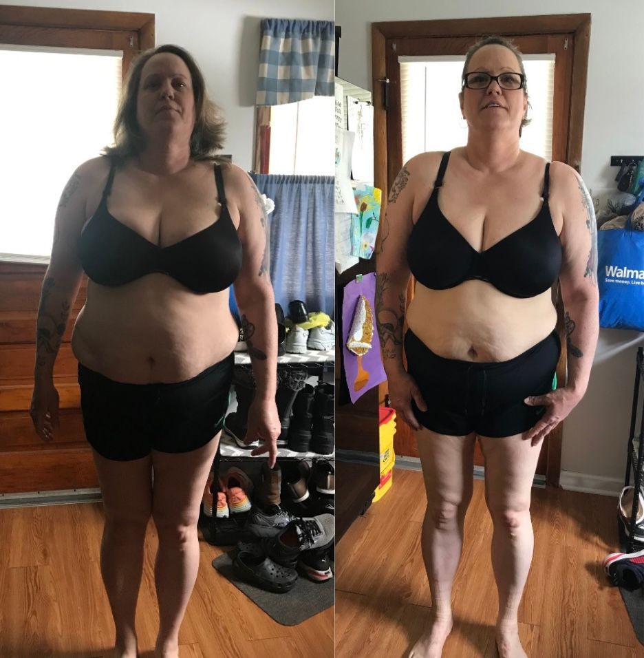 A before and after photo of a woman in a black bra and shorts