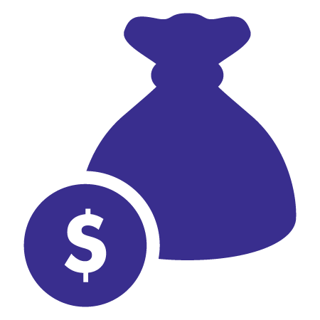 A purple money bag with a dollar sign next to it.