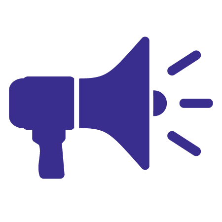 A blue icon of a megaphone on a white background.