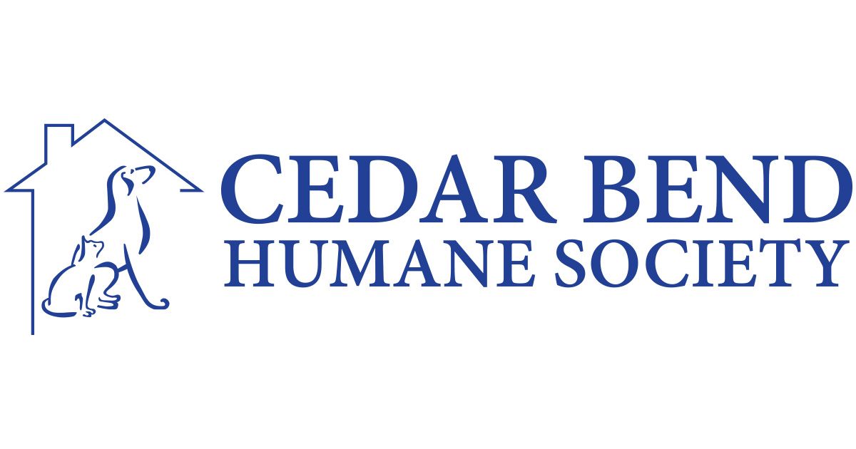 The logo for the cedar bend humane society shows a dog and a house.