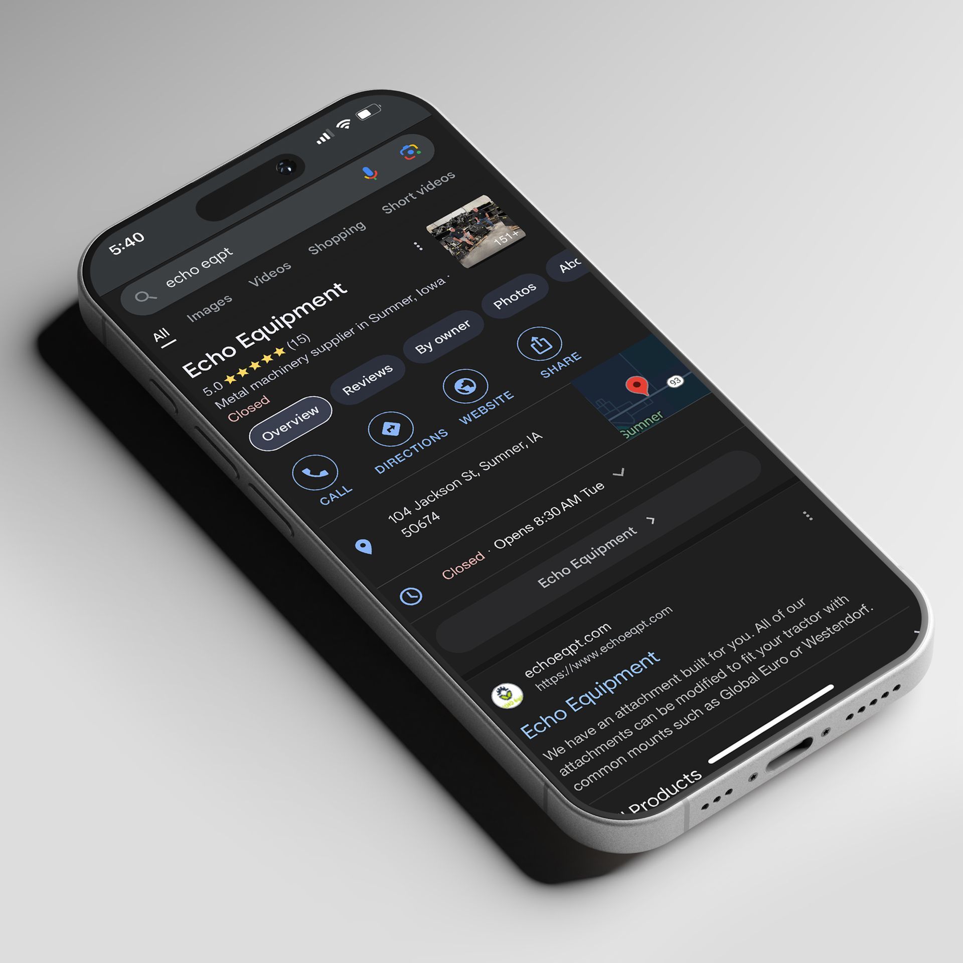 A phone is open to a search for echo equipment