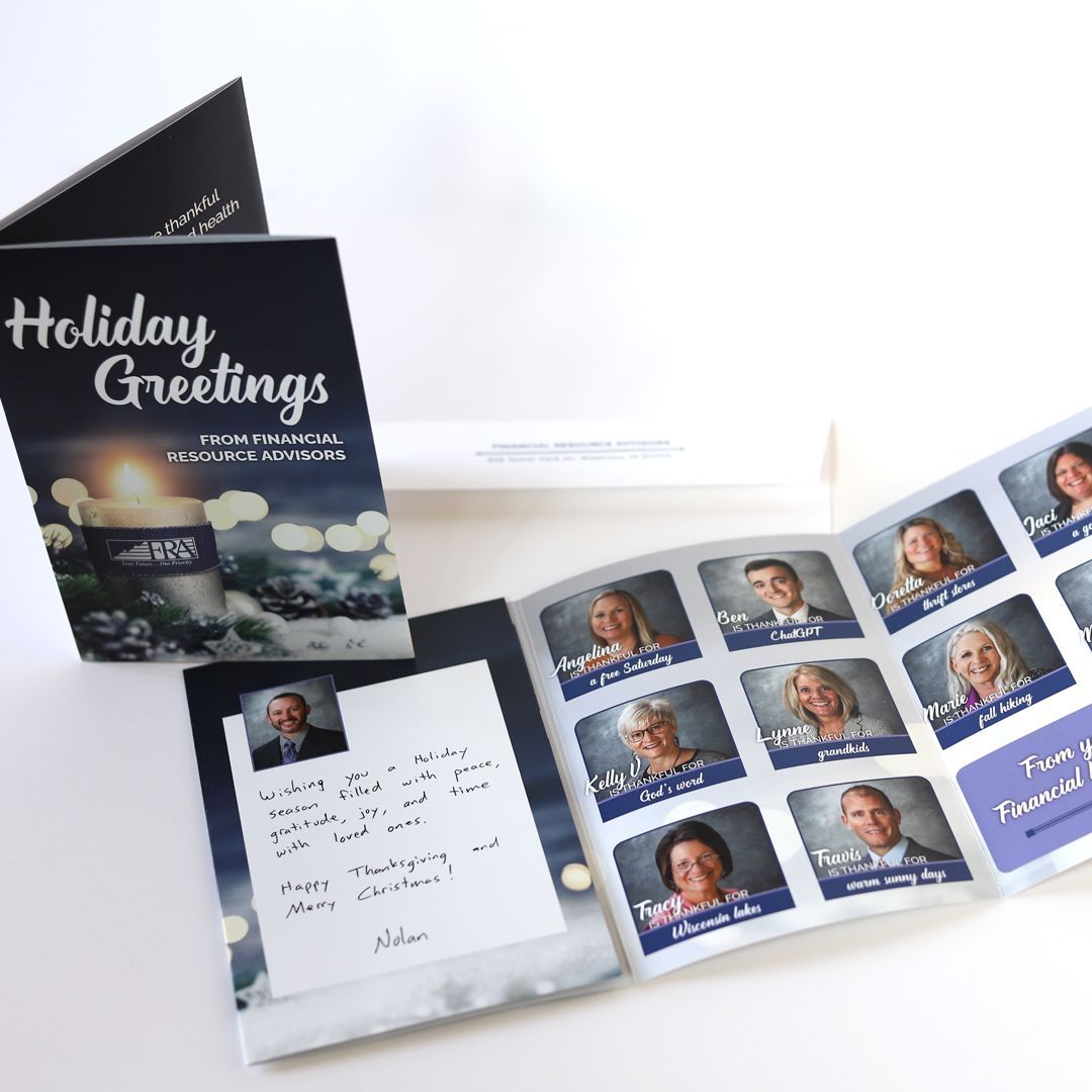 A holiday greetings card with pictures of people on it