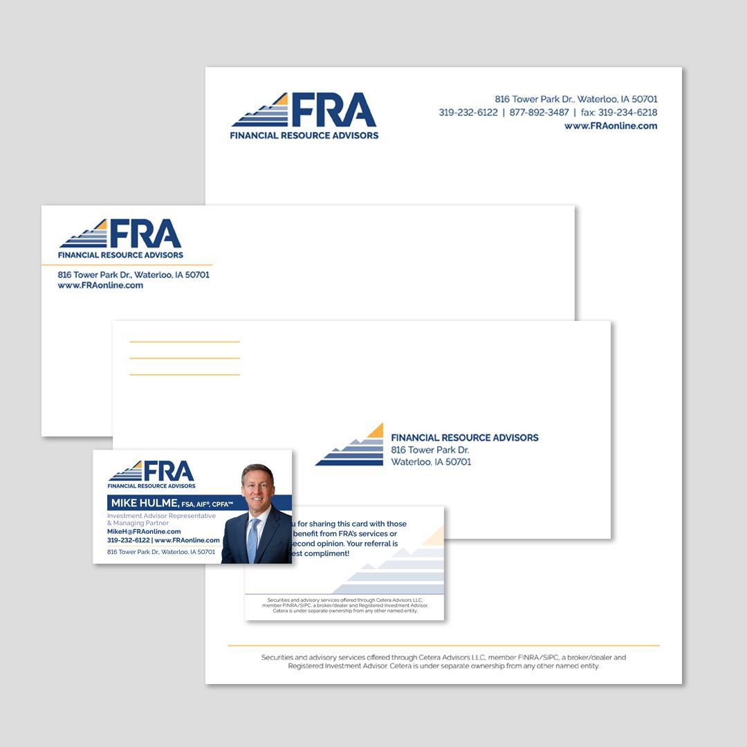 A set of business cards and letters for fra financial resource advisors