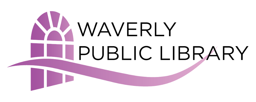 The logo for the waverly public library is purple and white.