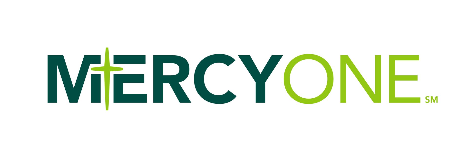 A green and white mercyone logo on a white background