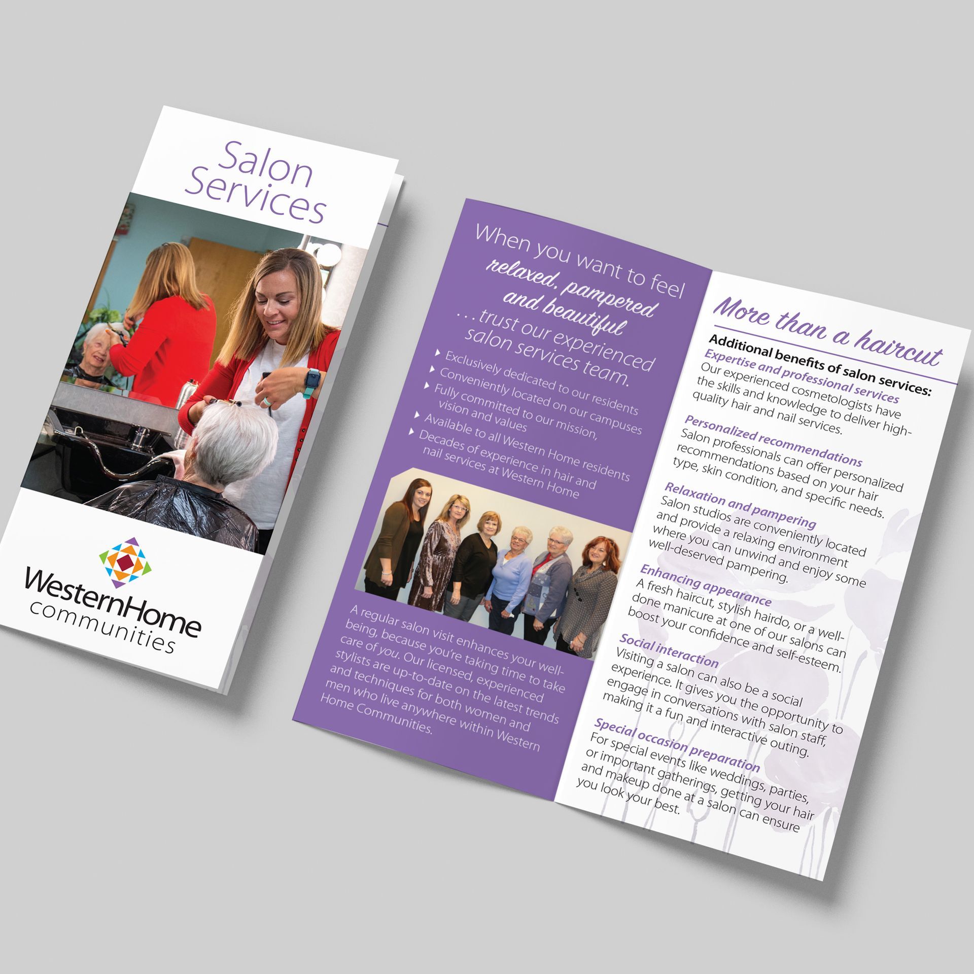 A brochure for western home communities shows a woman getting her hair cut.