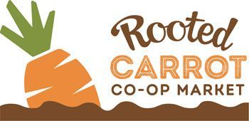 A logo for rooted carrot co-op market with a carrot in the dirt.