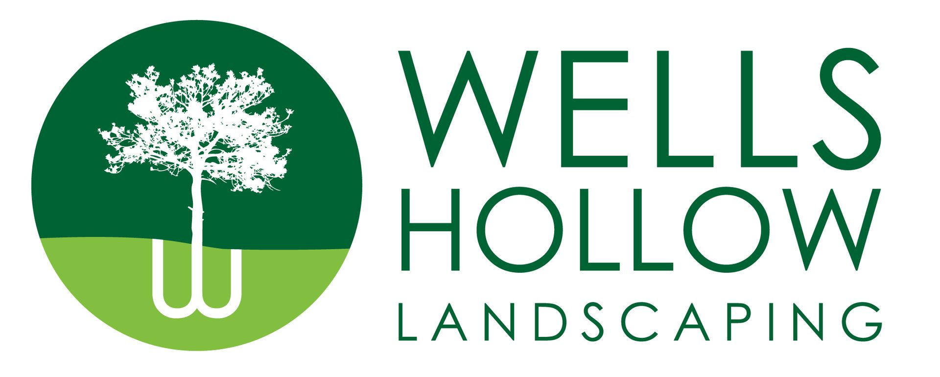 A logo for wells hollow landscaping with a tree in the middle