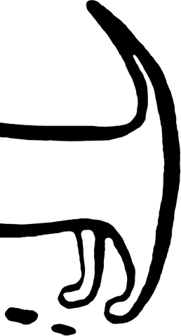 Disegno in bianco e nero di un gatto stilizzato. Il gatto è rivolto verso destra, con la schiena curva e le zampe piccole.