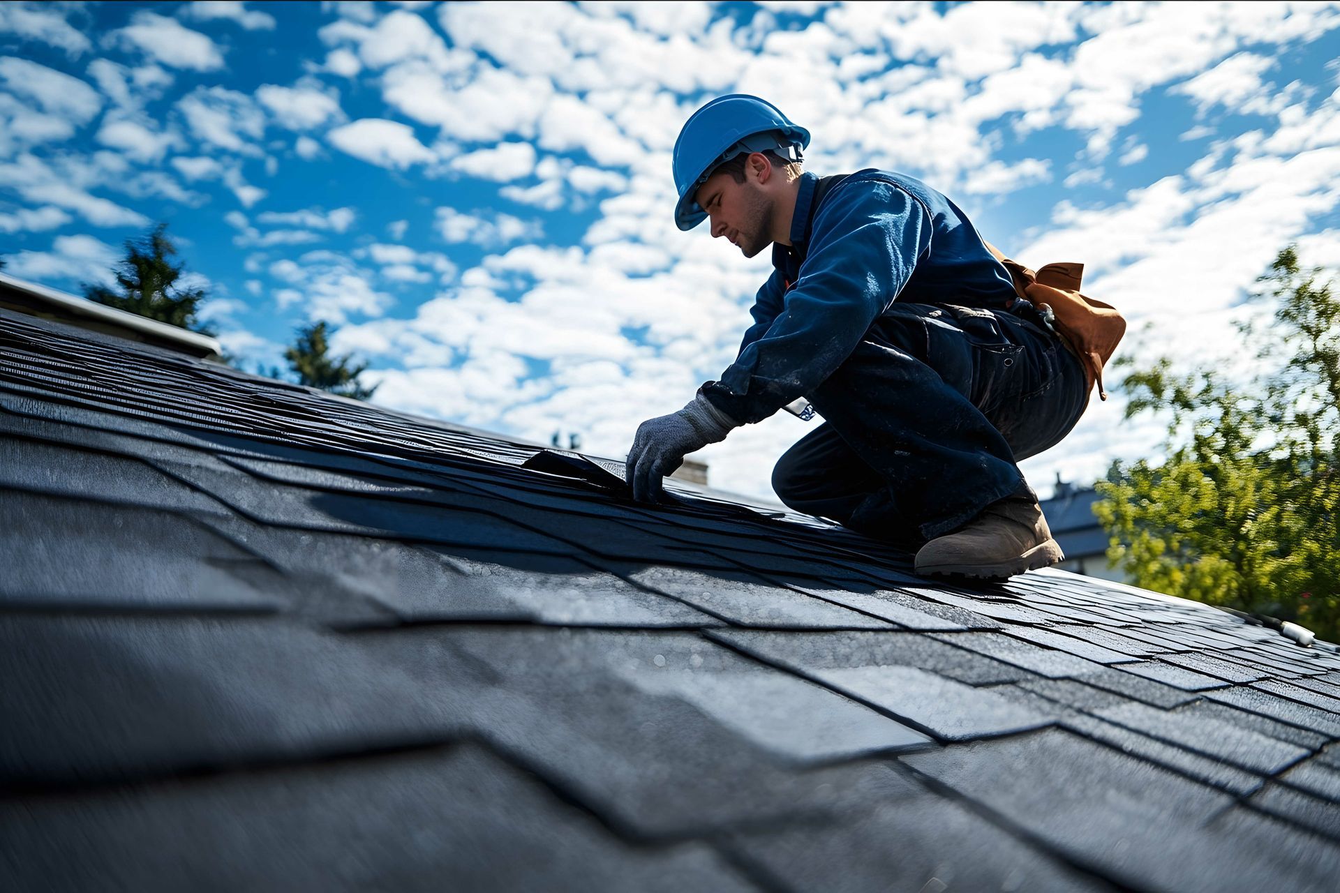 Un homme travaille sur le toit d'une maison.