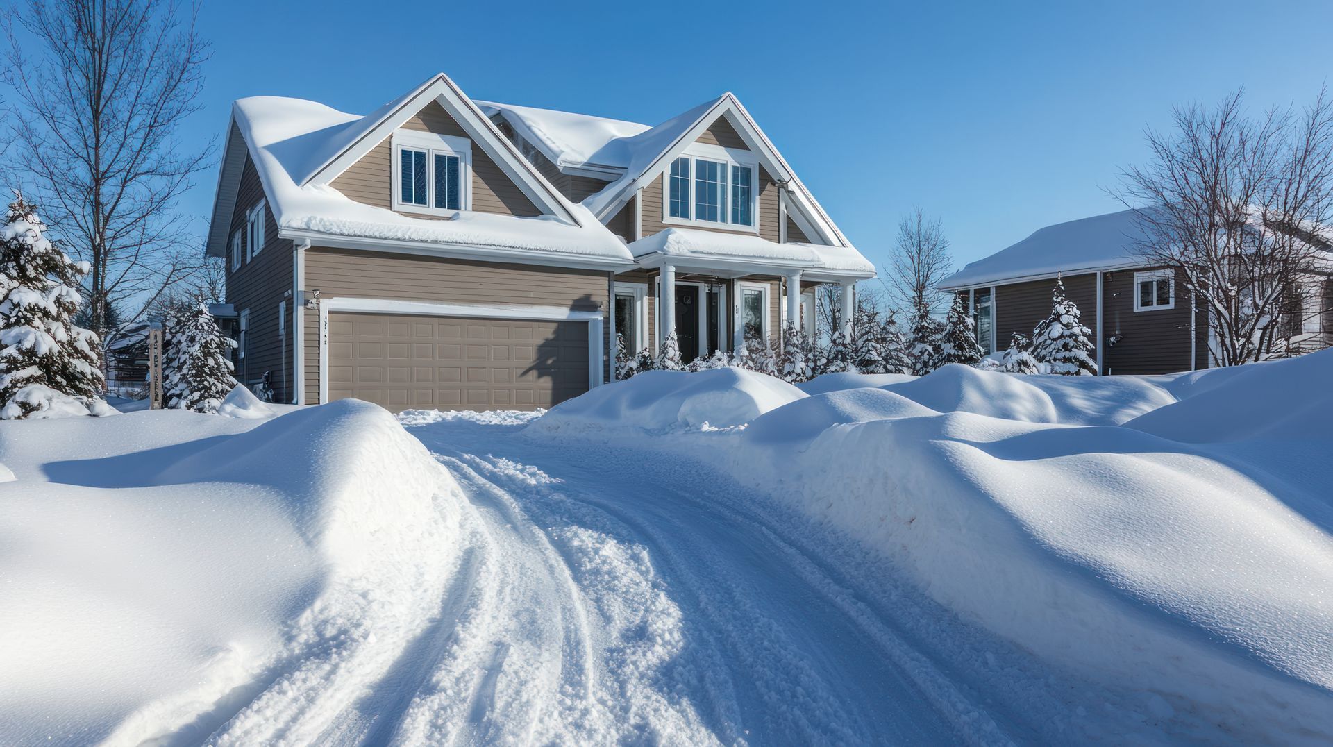 Il y a beaucoup de neige sur le sol devant une maison.