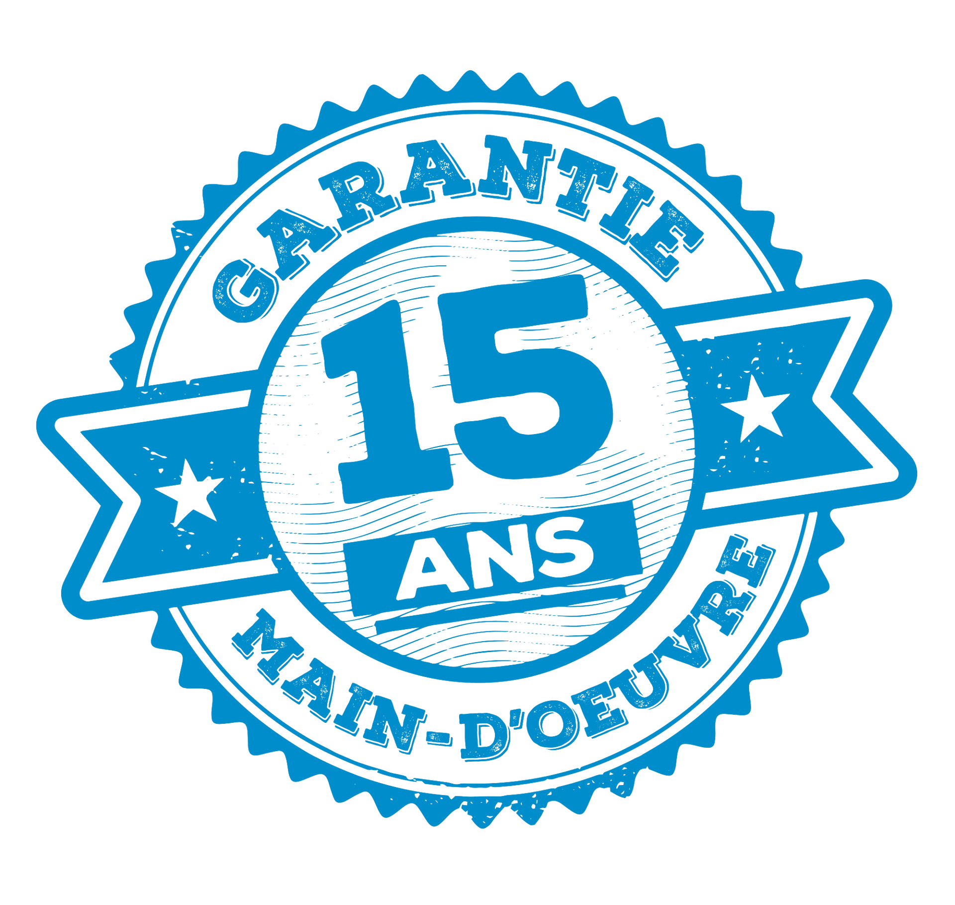 Un timbre bleu et blanc qui dit 15 ans main-d'oeuvre