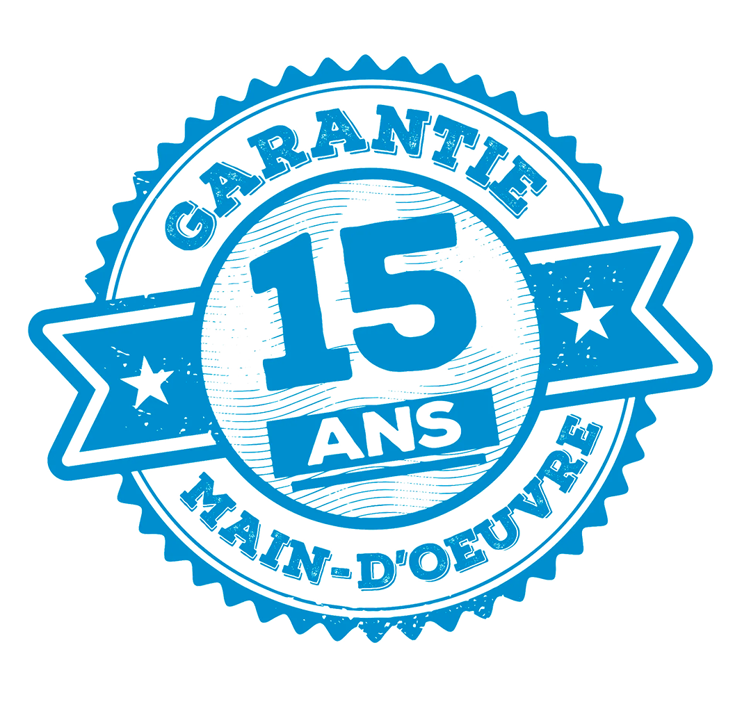 Un timbre bleu et blanc qui dit 15 ans main-d'oeuvre